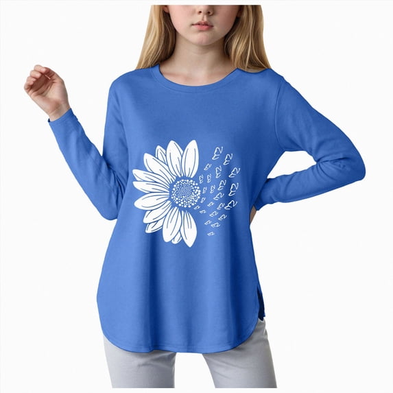 Child Girls T Shirts long Sleeve Curve Hem Tee Floral Cute Shirts Tops for Girls Fall Winter Clotehs Tops for 5T 6T 7T 8T 10T 11T 12T 13T 14T Kids Girls Tops