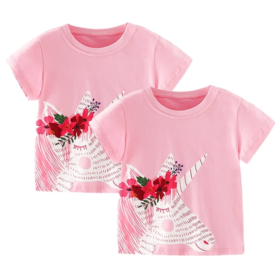 Child Girls Tops Tees Cartoon T-Shirt with Flowers Baby 1Y-8Y Summer Cute Pink Summer Top
