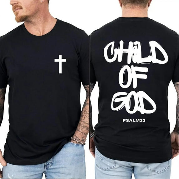 Child of God Double Sides T-Shirt, Minimalist Christian Cross Tee with Psalm 23 Quote, Spiritual Faith Graphic Shirt, Religious Apparel Gift for Men and Women