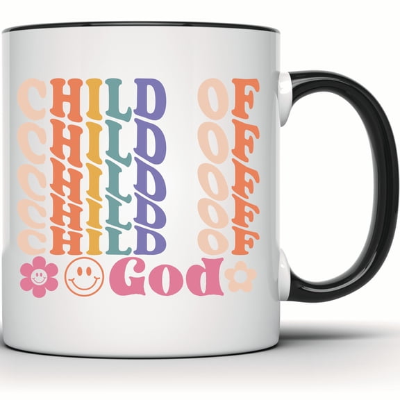 Child Of God Mug - Smiley Face & Flower Design - Cute Christian Coffee Mug - Inspirational Gift For Her - 11 Ounce Black Rim Handle Novelty Coffee Cup - WMUG1429-BLK