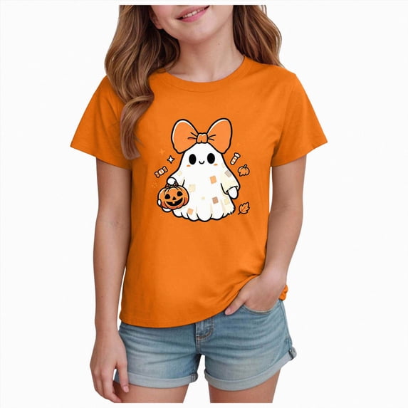 Child Halloween T-shirts for Girls 5-6 Years Kids Pumpkin Ghost Graphic Tees Girls Tops Crewneck Short Sleeve Shirts Little Kids Tops