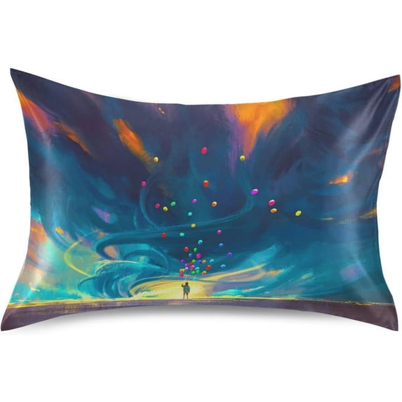 Child Holding Balloons Satin Pillowcase for Hair and Skin Silk Pillowcase 1PCS, Slip Cooling Satin Pillow Covers with Envelope Closure Queen Size 20×30In Home Decor Gifts