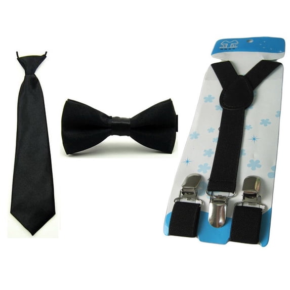 Child Kid School Boy Solid Tie Necktie Bowtie Elastic Y-Back Suspender Brace Set