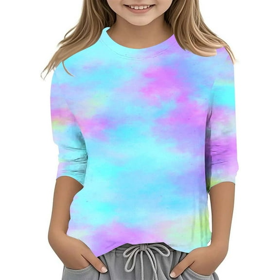 Child Kids Girls Tops Gradient Printed Fashionable Versatile Crewneck 3/4 Quarter Sleeve Casual T Shirt Tops 5-6 T