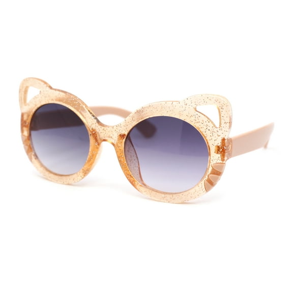 Child Kids Size Girls Kitty Cat Ear Round Plastic Sunglasses Beige - Smoke