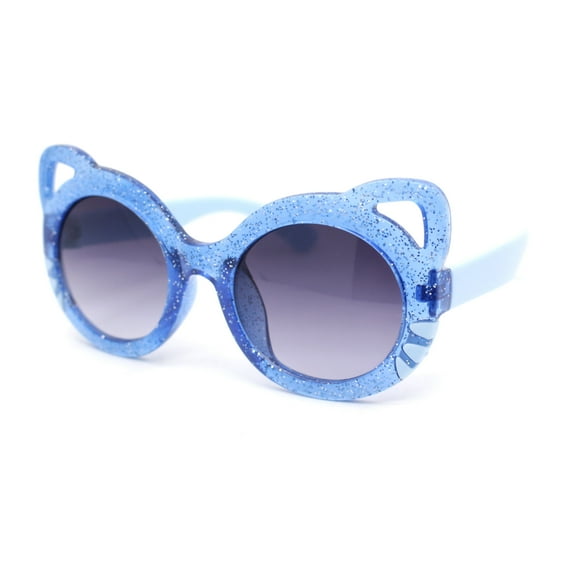 Child Kids Size Girls Kitty Cat Ear Round Plastic Sunglasses Blue - Smoke