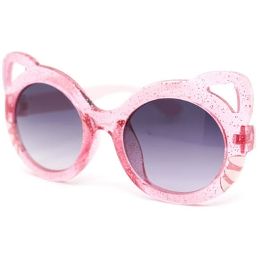Child Kids Size Girls Kitty Cat Ear Round Plastic Sunglasses Pink - Smoke
