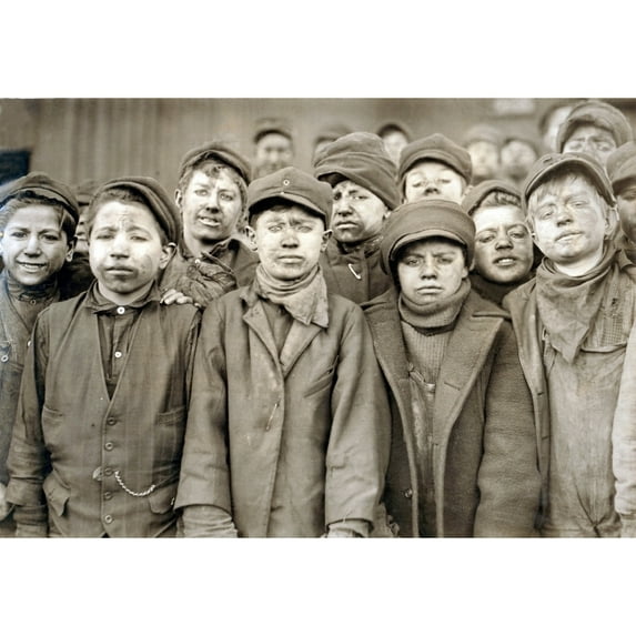 Child Laborers Portrayed By Lewis Hine In 1911. Dust Covered Breaker Boys At Pennsylvania Coal Mine History
