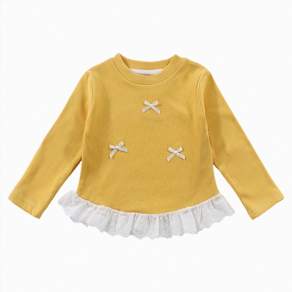 Child Long Sleeve Shirts For Girls 6 12 18 24 Months 3T 4T 5T 6T 7T 8T 9T 10T 11T 12T Kids Fall Clothes Crewneck Top with Bow Decor and Ruffle Hem Girls Tops
