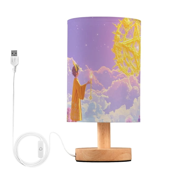 Child Magic Clouds Flowers Table Lamp USB Bedside Desk Nightstand Lamp Printed Gifts Small Lamp Wood Base for Bedroom Living Room Kids Room College Dorm