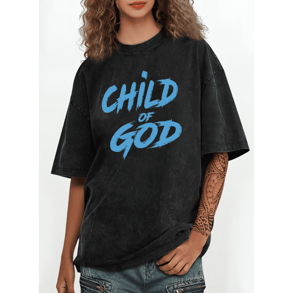 Child Of God Christian Faith Print Tshirt Graphic Tees Black Shirts S-5XL Womens Casual Religious Washed Trendy Graphic Tops