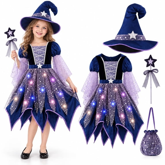Child Outfit Sets Girls Witch 4 Light Up Star Witch Dress With Hat Wand Kids Halloween Party Outfit For Party Clothes Sets