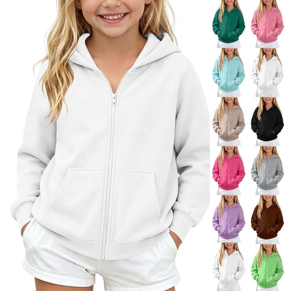 Child Padded Jacket Dqueduo Children's Winter Solid Color Full Zip Hooded Fleece Lined Sweatshirt Coat Jacket White 5-6 Years