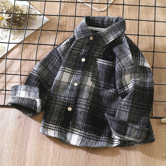 Child Plaid Flannel Shirt Boys Girls Vintage Plaid Shirts Long Sleeve Basic Casual Button Shirt Jackets with Pockets Black 1-2Y