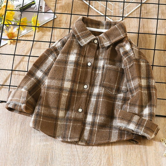 Child Plaid Flannel Shirt Boys Girls Vintage Plaid Shirts Long Sleeve Basic Casual Button Shirt Jackets with Pockets Brown 1-2Y