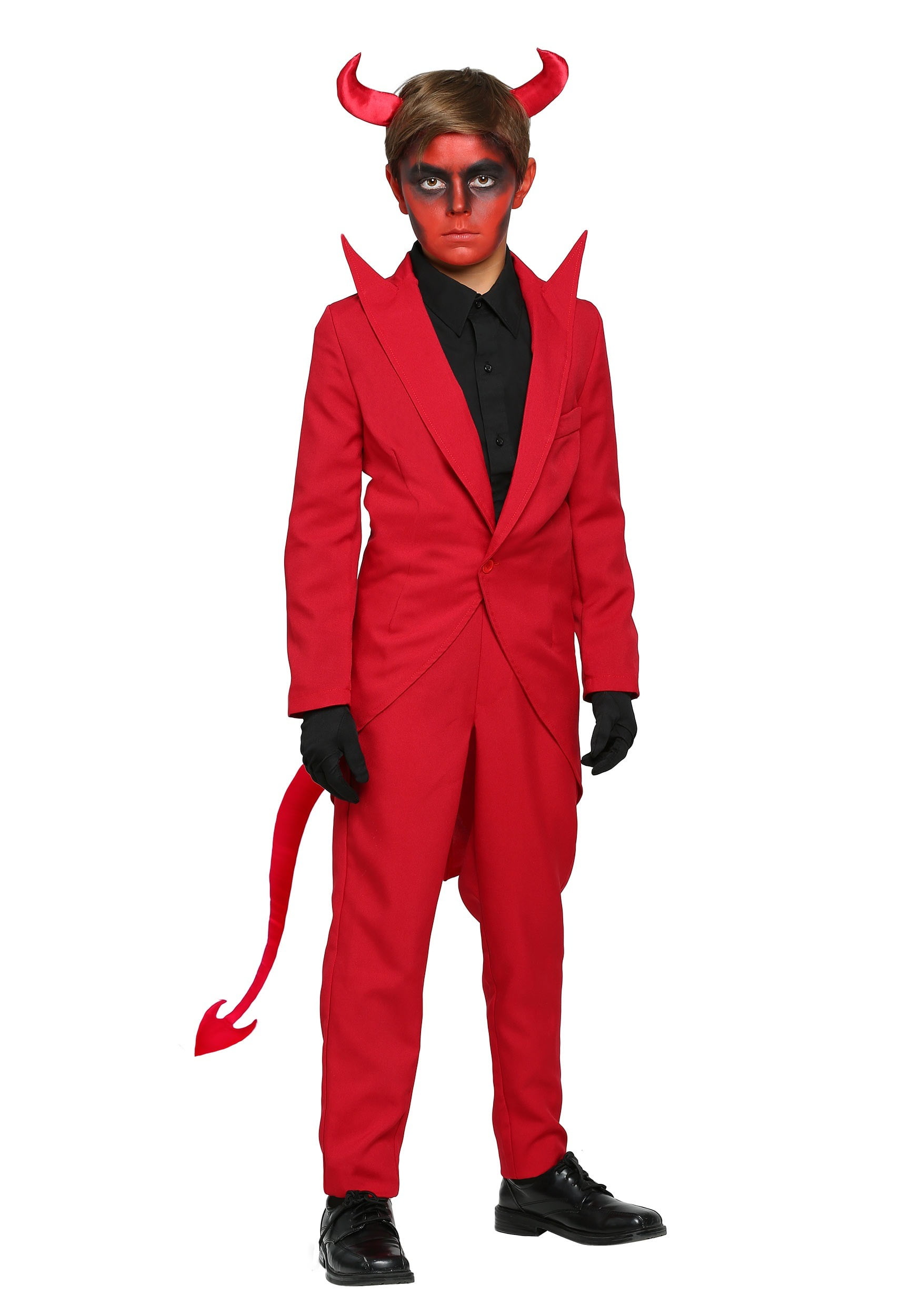 DEVIL KID'S セットアップ Happy little black kid with trident in devil costume standing in