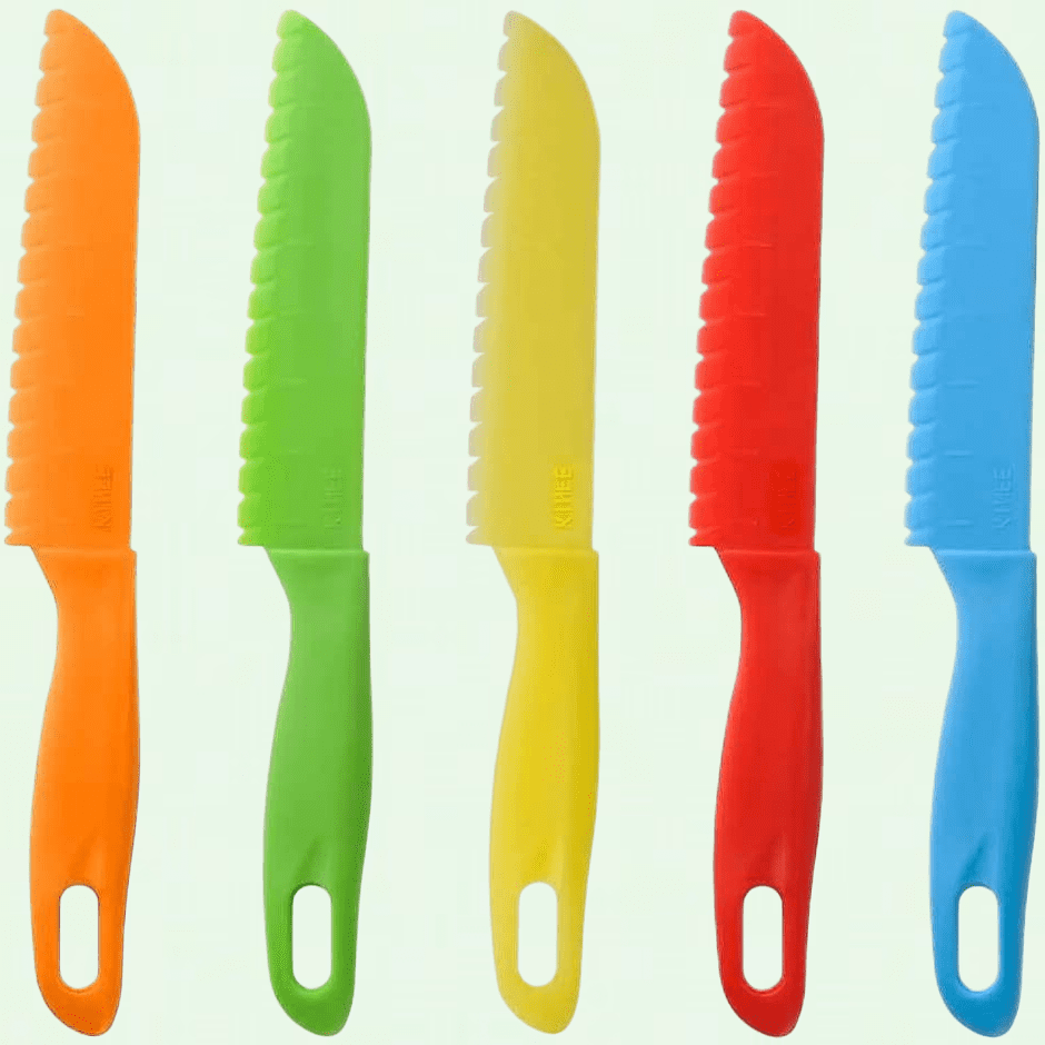 Child Safety Knife Set, 5 Bright Color Plastic Knives for Chopping