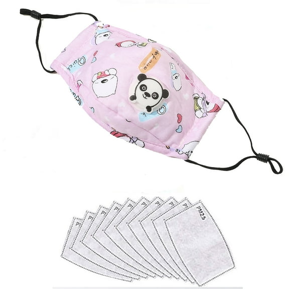 Child Size Cotton Face Covers with Breathing Valve, Wire Nose Bridge, Adjustable Ear Loops and Ten (10) PM2.5 Carbon Filters (Pink)