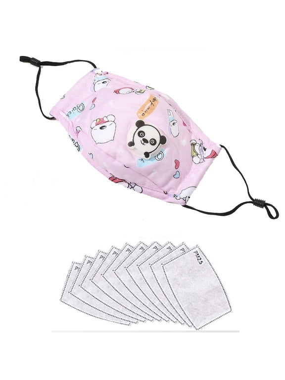 Child Size Cotton Face Covers with Breathing Valve, Wire Nose Bridge, Adjustable Ear Loops and Ten (10) PM2.5 Carbon Filters (Pink)