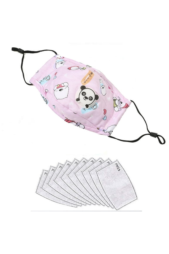 Child Size Cotton Face Covers with Breathing Valve, Wire Nose Bridge, Adjustable Ear Loops and Ten (10) PM2.5 Carbon Filters (Pink)