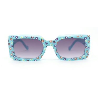 Child Size Cute Flower Print Girls Rectangle Mod Fashion Sunglasses Blue