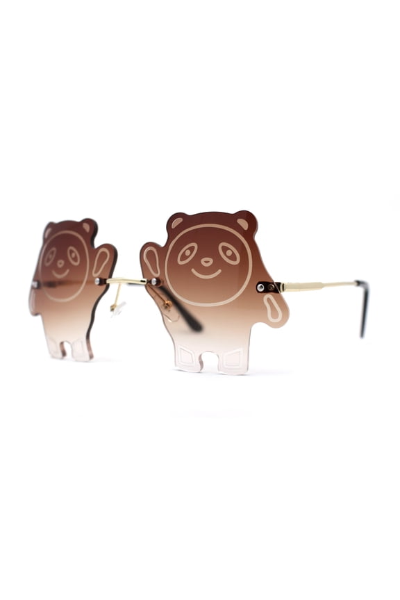 Child Size Kids Panda Bear Rimless Fun Party Shade Sunglasses Gold Brown