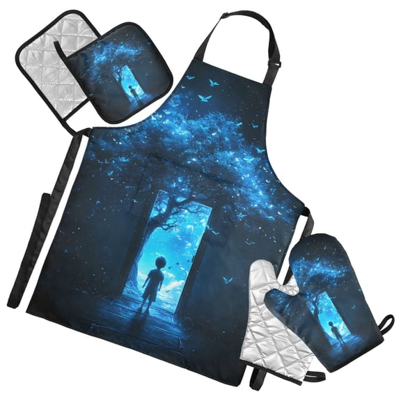 Child Stand in Front Of Door 5 Pcs Kitchen Set Heat Resistant Oven Mitts and Non-Slip Pot Holders with Adjustable Cooking Apron