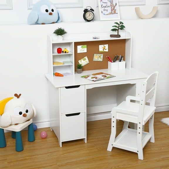 Child Study Desk with Chair, Wooden Children School Study Table with Hutch and Chair for 3-8 Years Old, Student's Study Computer Workstation & Writing Table for Home School Use