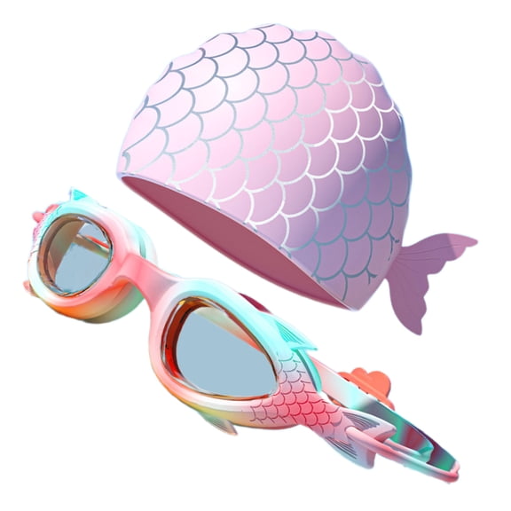 Child Swimming Caps Swimming Goggles Set for Boy Girl, Frog Resistant Swim Goggles Silicones Swim Caps