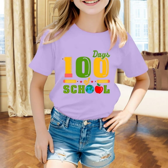 Child T Shirts Boys and Girls Summer 100 Days of School Short Sleeve T Shirt Toddler Happy 100Th Day Tops Girls T Shirts Purple 6 Years-7 Years