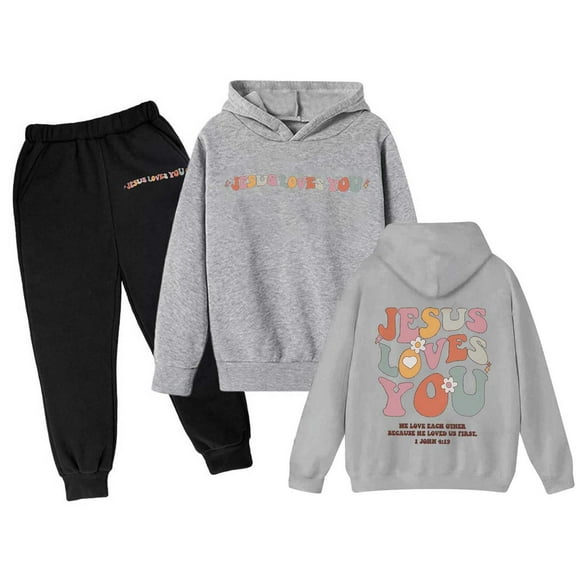 Child Teen Girls Outfits Hoodies Long Sleeve Printed Sweatsuits Oversized Hooded Sweatshirt And Sweatpants Set 7-8 T
