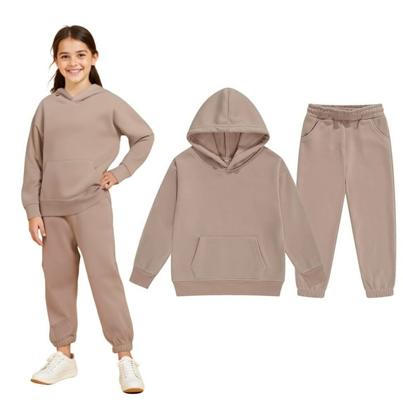 Child Tracksuit Athletic Sweatsuits Sets 2PC Long Sleeve Beige Hooded Sweatsuits Pullover Sweatpants Winter Clothes Toddler Boys Clothes 4-5 Years