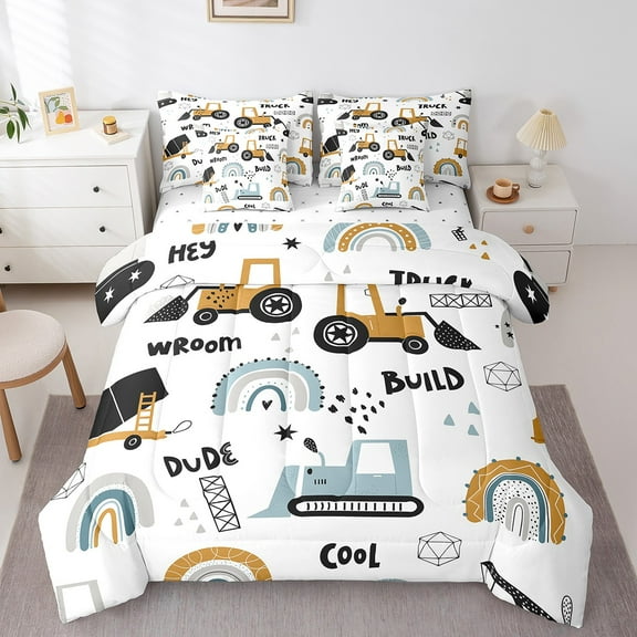 Tractor Twin Comforter Set 7-Piece Bed Cartoon Truck Bedding Comforter Sets, Car Theme Bed in a Bag Kawaii Rainbow Bedding Set, Hand Drawn Building Site Bed Sheets Set