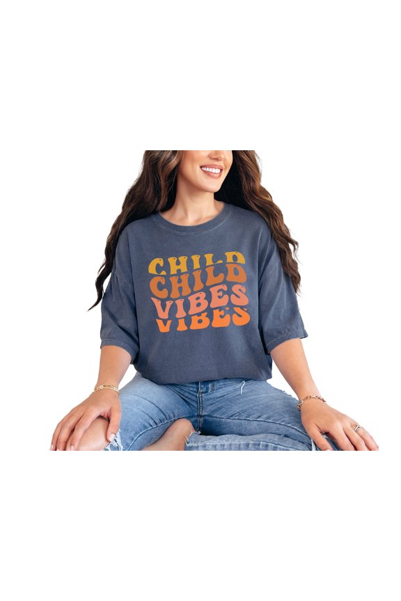 Child Vibes, Being Childlike Themed, Groovy Retro Wavy Text, Denim Comfort Colors T-Shirt, Small