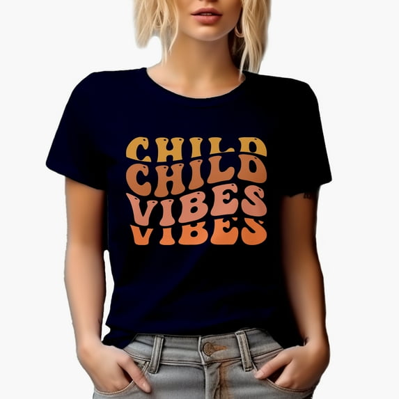 Child Vibes, Being Childlike Themed, Groovy Retro Wavy Text Merch Gift, Navy Blue T-Shirt, Large