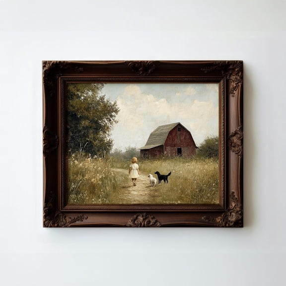 Child Walking with Dogs Rustic Farm Countryside Modern Farmhouse Children's Room Cottagecore Wall Art Poster E1037, Unframed Canvas Size 8x12 F03.1.18l894