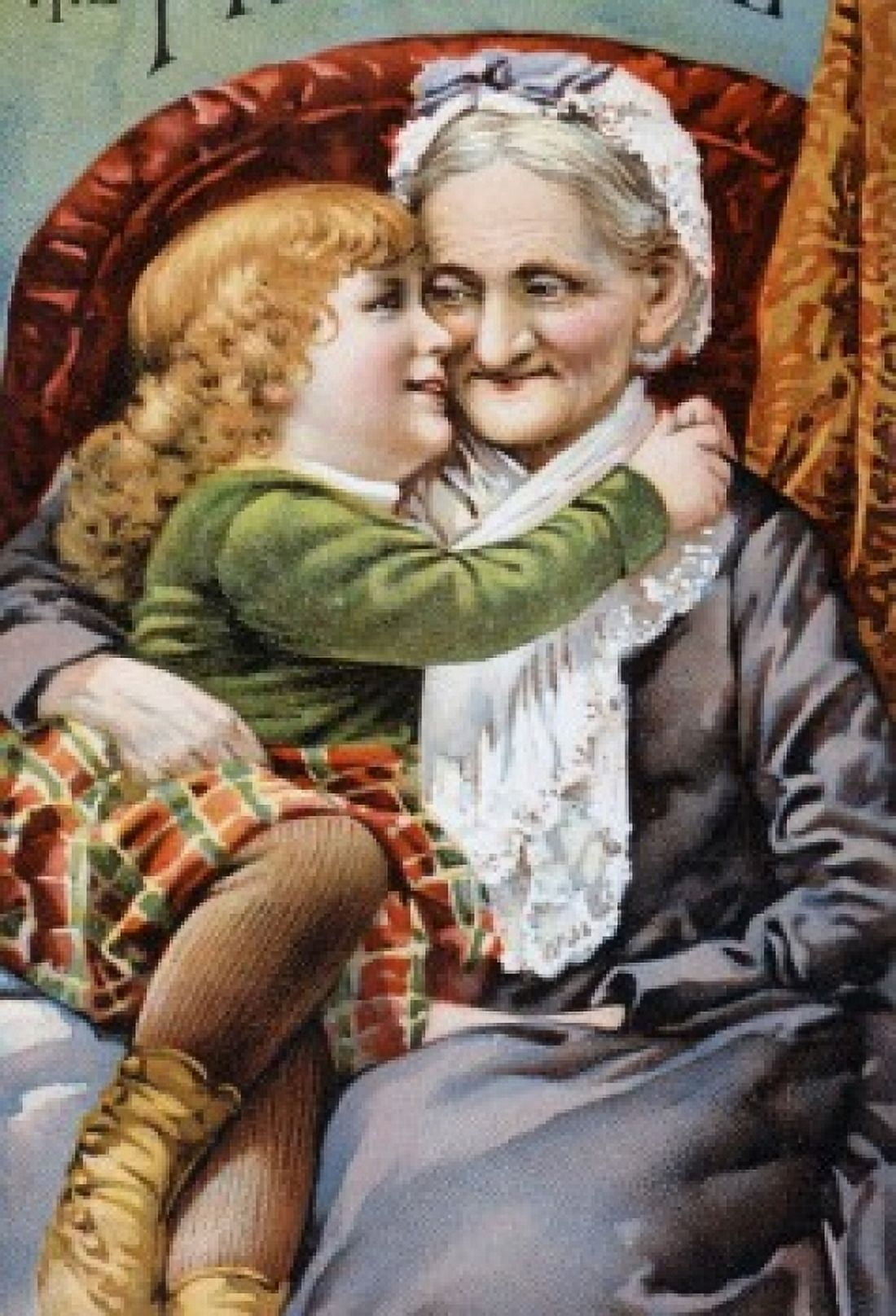 Child and Grandmother Nostalgia Cards Color Lithograph Canvas Art - (24 x 36)