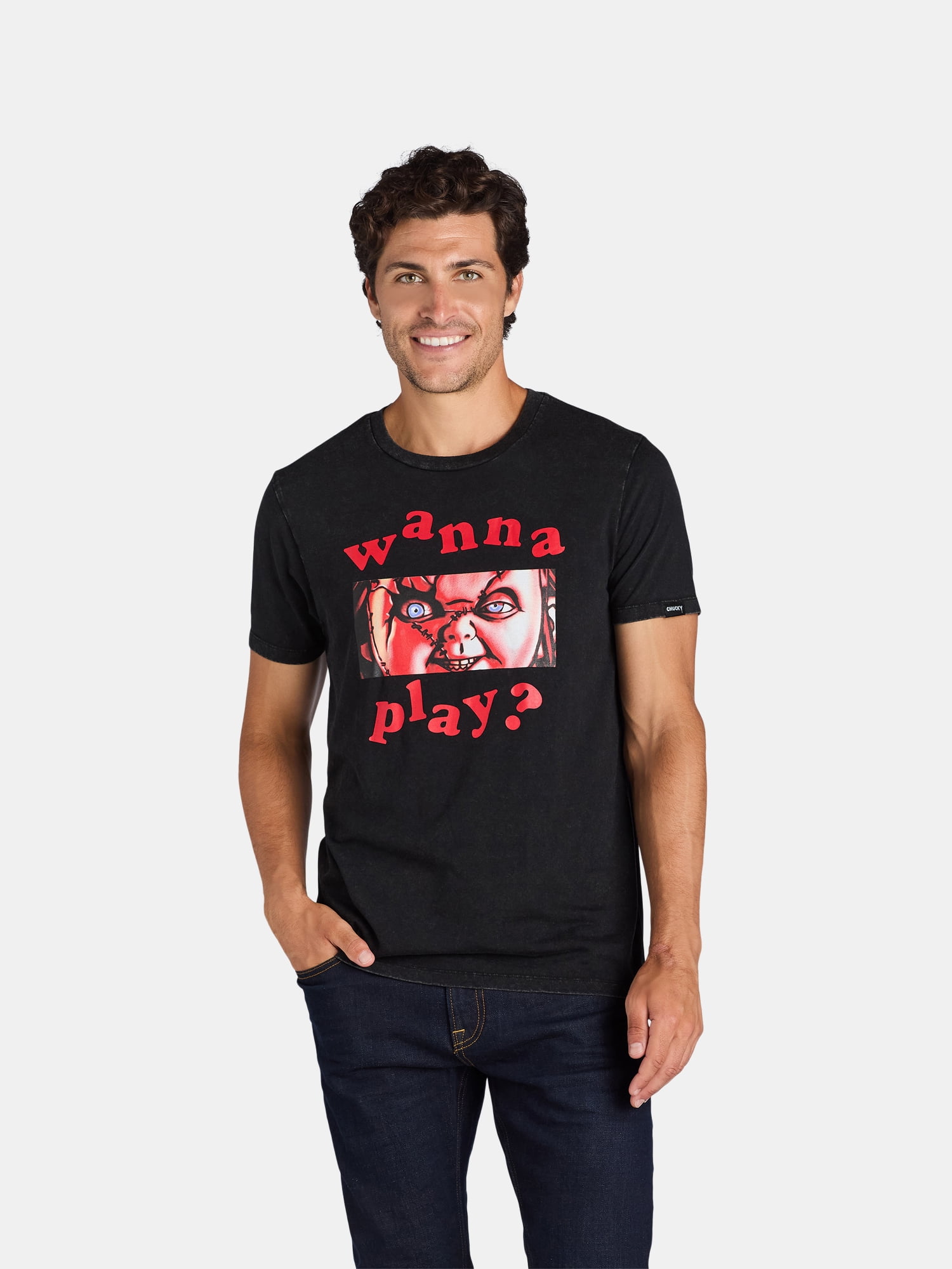 Child’s Play Chucky, Men's Wanna Play Graphic Tee with VHS Box Package, Sizes S-3XL