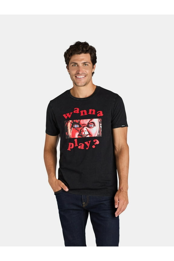 Child’s Play Chucky, Men's Wanna Play Graphic Tee with VHS Box Package, Sizes S-3XL