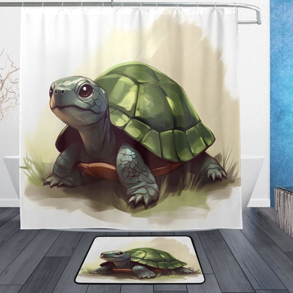 Child's Sketch Turtle Bathroom Accessory Sets Waterproof Shower Curtain with Anti-Slip Bath Mat Durable Combo