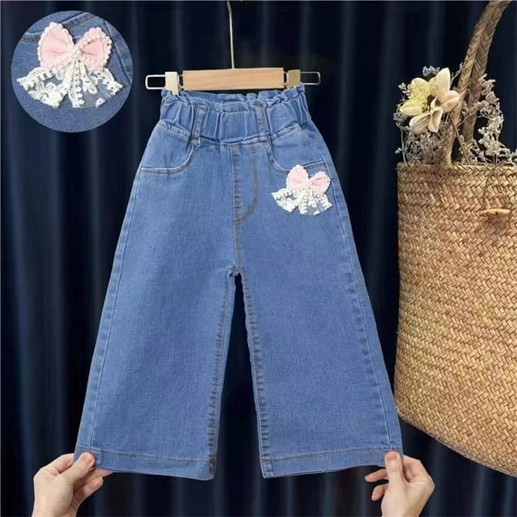 Child's Summer Printed Boys And Girls Baby Botton Long Pants Denim Cute Full Length Pants Capris Overalls