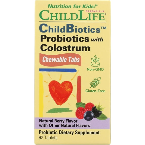 ChildLife Essentials ChildBiotics Probiotics with Colostrum: Gut Health Support for Kids, Natural Mixed Berry Flavor, 92 Chewable Tablets