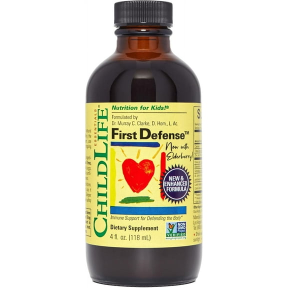 ChildLife Essentials First Defense: Immune Support for Kids, Elderberry & Zinc, Naturally Flavored, 4 Fl Oz Bottle (Pack of 1)