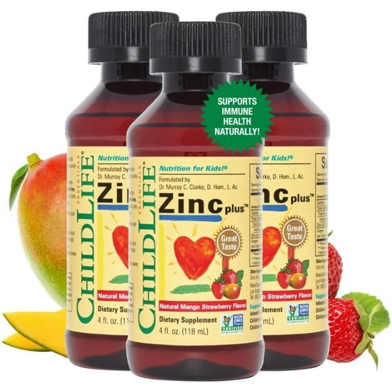 ChildLife Essentials Liquid Zinc Plus - Immune Support for Kids, Mango Strawberry Flavor, 4 Fl Oz (Pack of 3)