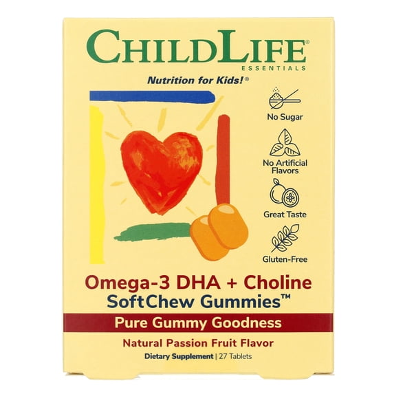 ChildLife Essentials Omega-3 DHA with Choline SoftChew Gummies Natural Passion Fruit Flavor, 27 Tablets
