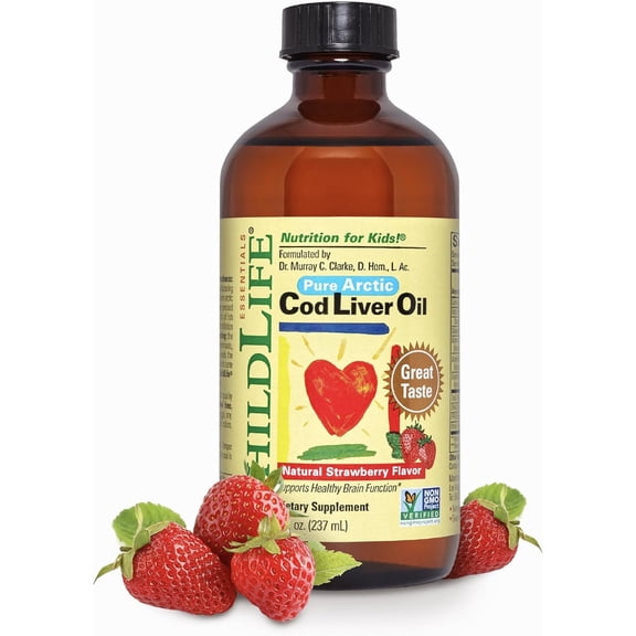 ChildLife Essentials Omega-3 Liquid Cod Liver Oil for Kids, Brain & Immune Support, Strawberry, 8 Oz (Pack of 1)