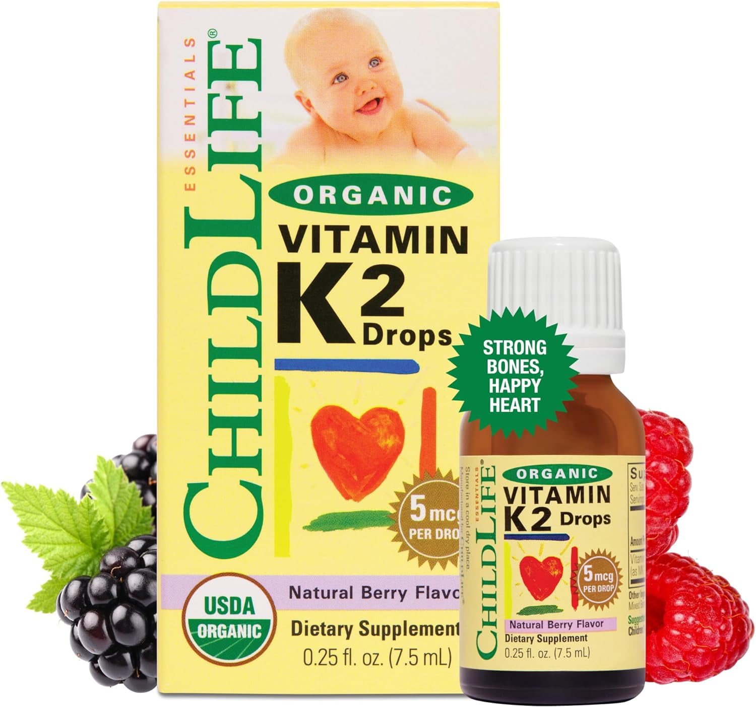 ChildLife Essentials Organic Vitamin K2 Drops: Bone Health Support, 5 mcg per Drop, Natural Berry Flavor, 0.25 Fl Oz
