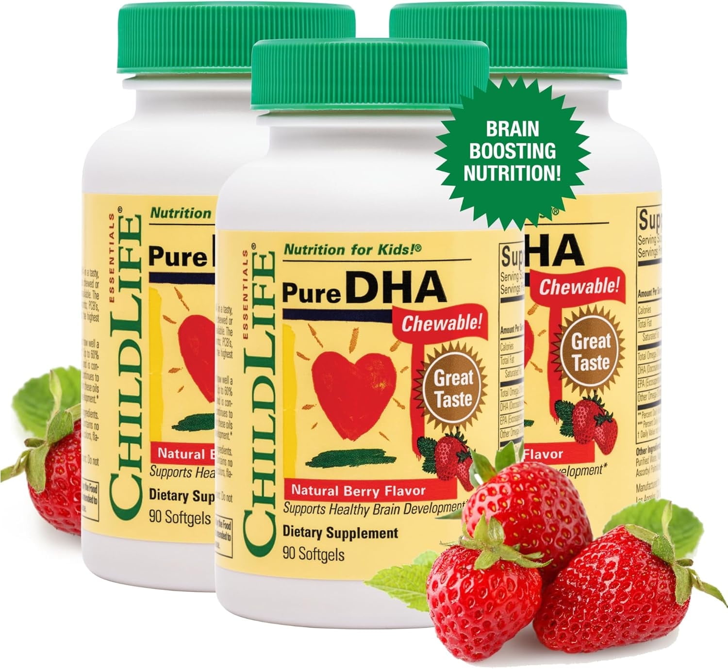 ChildLife Essentials Pure DHA: Brain & Eye Health Support for Kids, Natural Berry Flavor, 90 Softgels (Pack of 3)