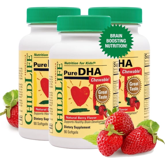 ChildLife Essentials Pure DHA: Brain & Eye Health Support for Kids, Natural Berry Flavor, 90 Softgels (Pack of 3)