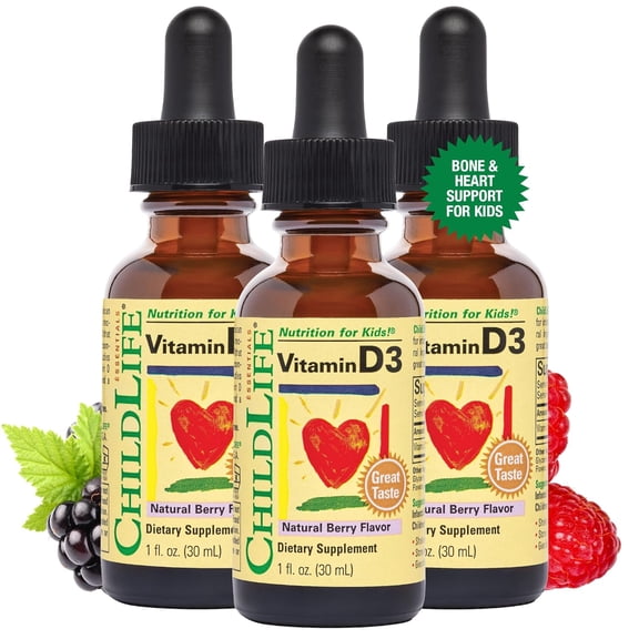 ChildLife Essentials Vitamin D3 Drops: Essential for Baby's Growth & Immunity, 500 IU, Berry Flavor, 1 Fl Oz (Pack of 3)